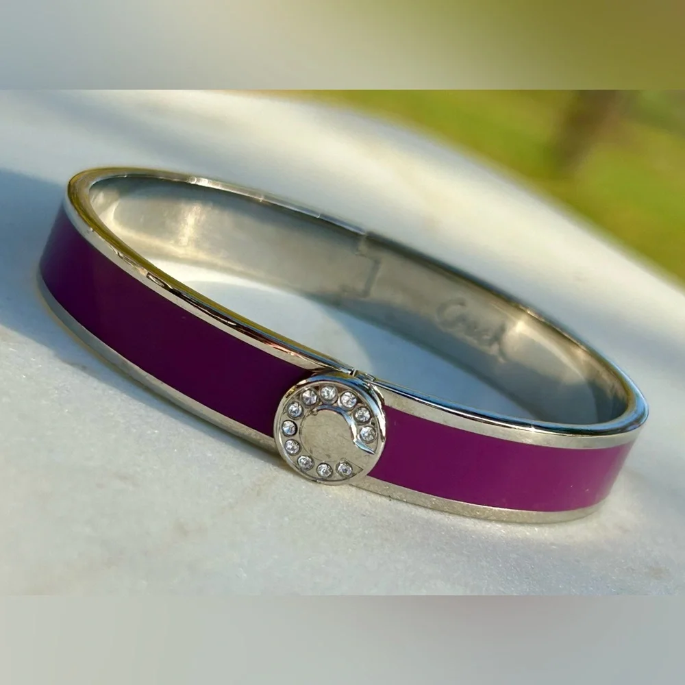 Coach Signature C Magenta Purple Silver Enameled Hinged Bangle Bracelet